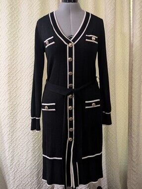 Elegant Black Knit Button Dress with White Trim. Madison And Hudson. Medium